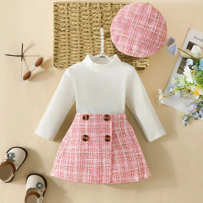 Baby/Toddler Girls Top & Houndtooth Skirt & Matching Beret Set (Age 6M-3YRS)