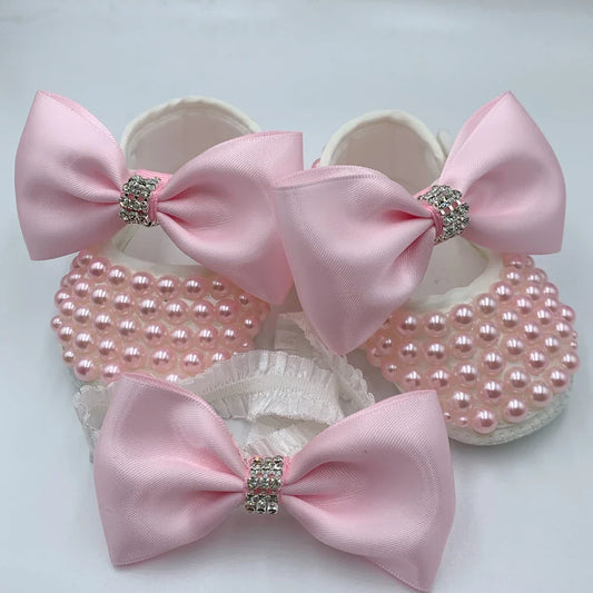 Baby Girls Pearl Embellished Shoes & Headband (Age Newborn - 6M)