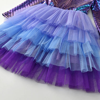 Girls Purple Mermaid Long Sleeve Layered Tutu Dress (Age 3-12YRS)