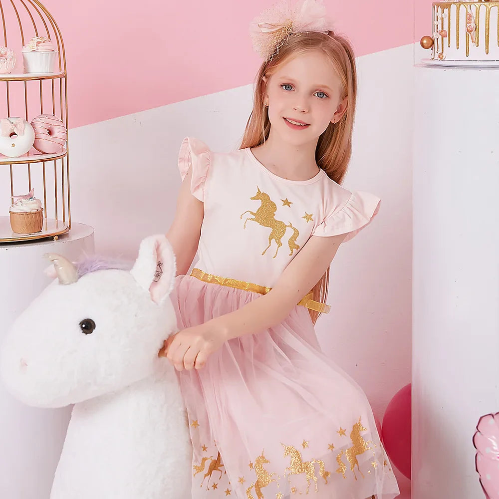 Girls Pink & Gold Unicorn Dress (Age 3-8YRS)