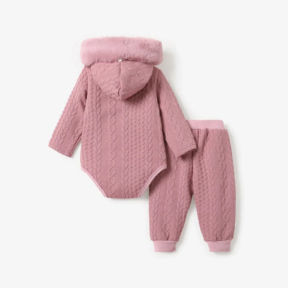 Baby Boy/Girl Knitted Faux Fur Hooded Long-sleeve Romper and Trousers Set (Age Newborn-18M)