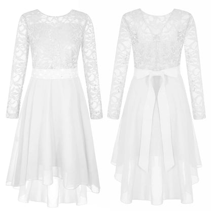 Girls Lace Chiffon Long Sleeve High-Rhinestone Sash Dress (Age 6-16 YRS)