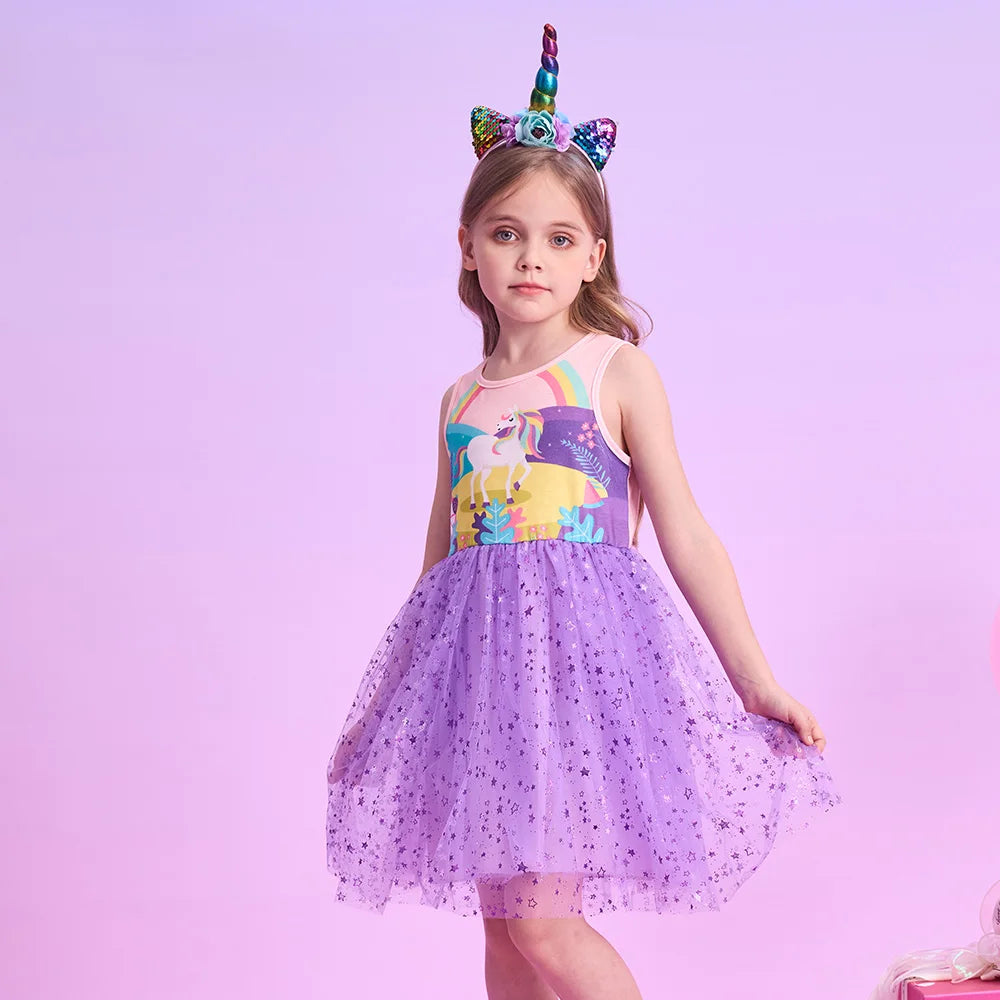 Girls Purple Unicorn Mesh Dress (Age 3-12YRS)