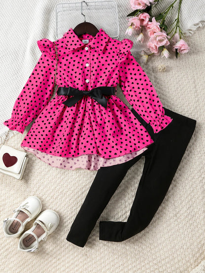 Girls Polka Dot Shirt Leggings & Belt Set (Age 24M-7YRS)