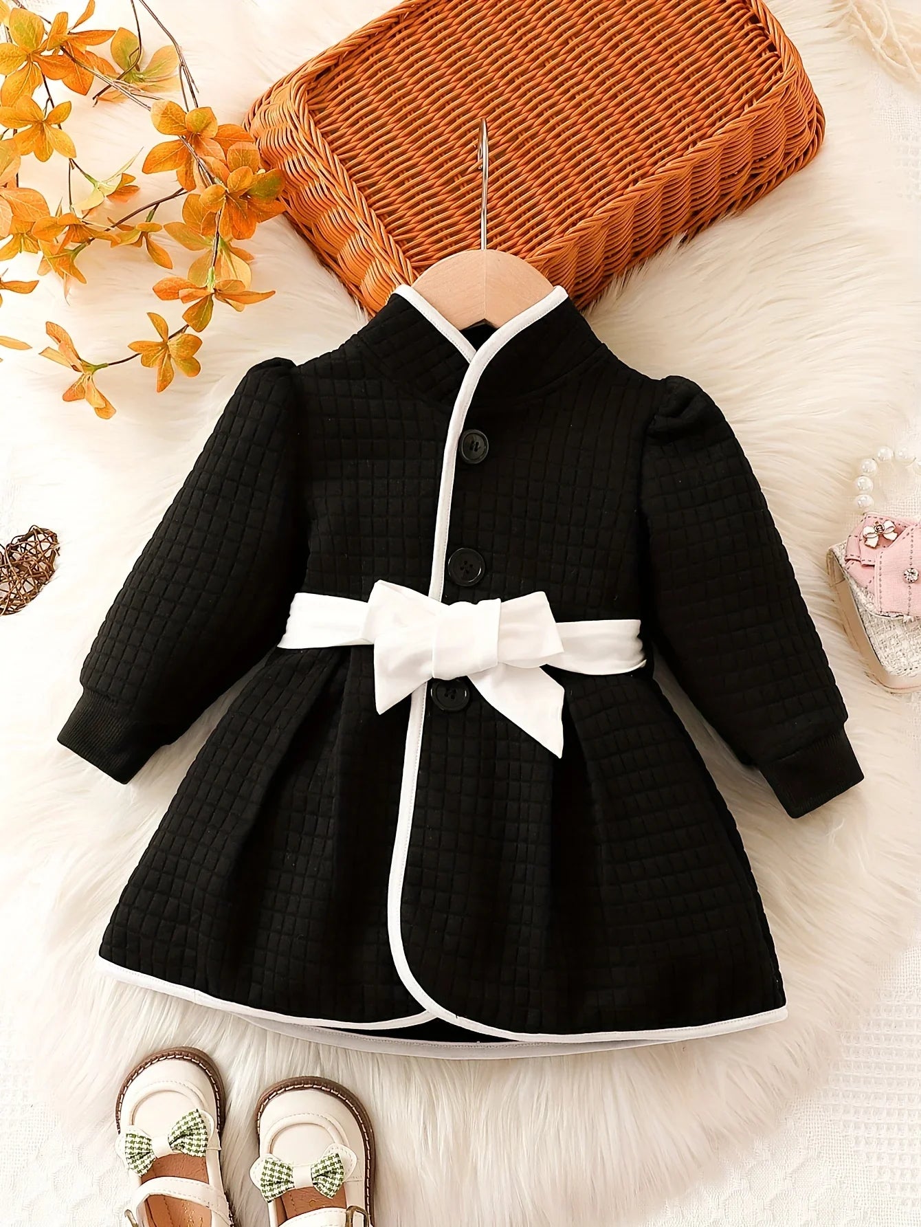 Baby Girls Black And White Belted Dress (Age 6M-3YRS)