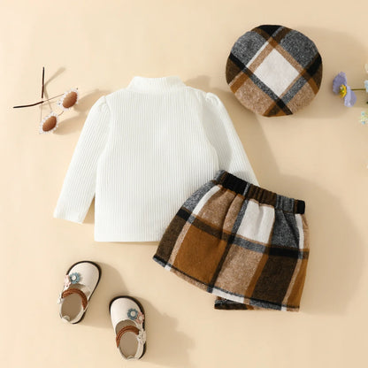 Baby/Toddler Girls Top & Houndtooth Skirt & Matching Beret Set (Age 6M-3YRS)