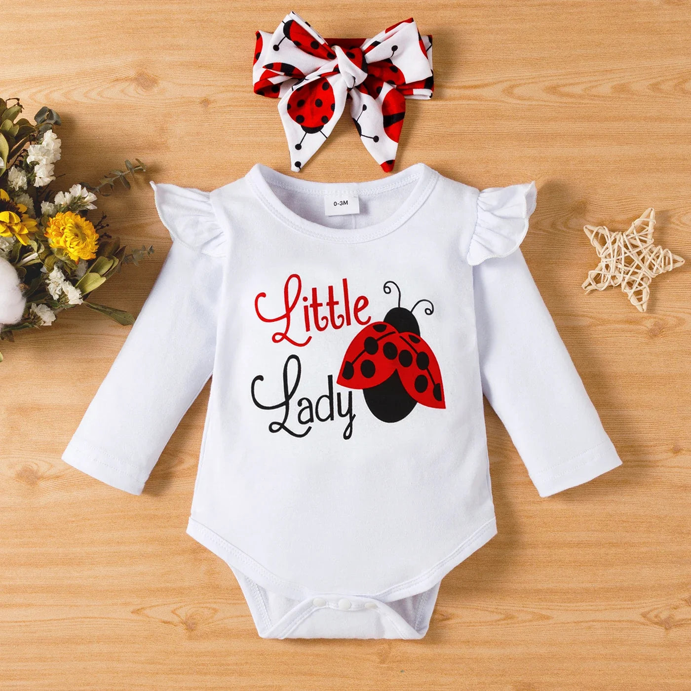 Baby Girl Cotton Ladybug Romper and Bowknot Trousers with Headband Set (Age Newborn-18M)