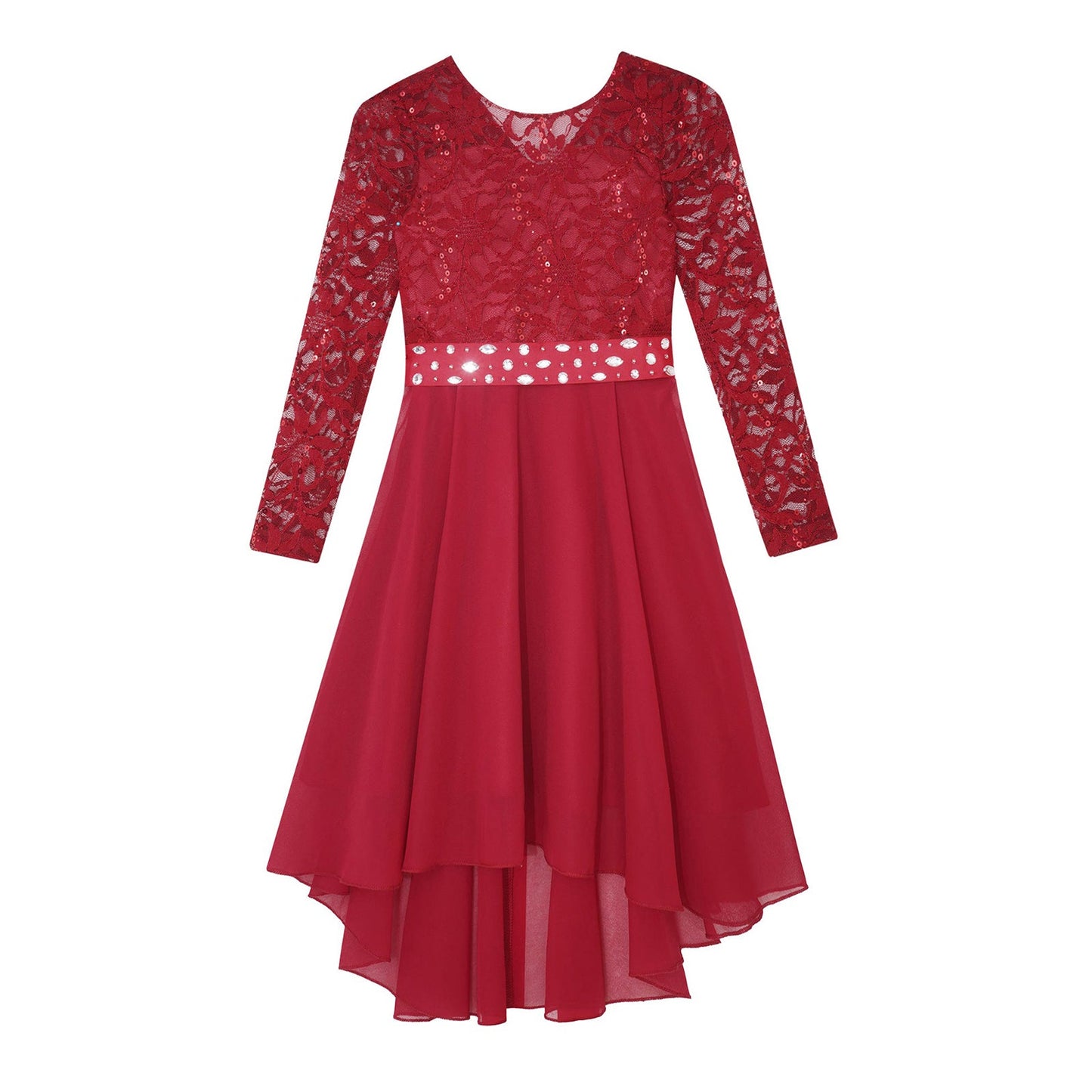 Girls Lace Chiffon Long Sleeve High-Rhinestone Sash Dress (Age 6-16 YRS)