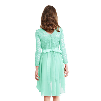 Girls Lace Chiffon Long Sleeve High-Rhinestone Sash Dress (Age 6-16 YRS)