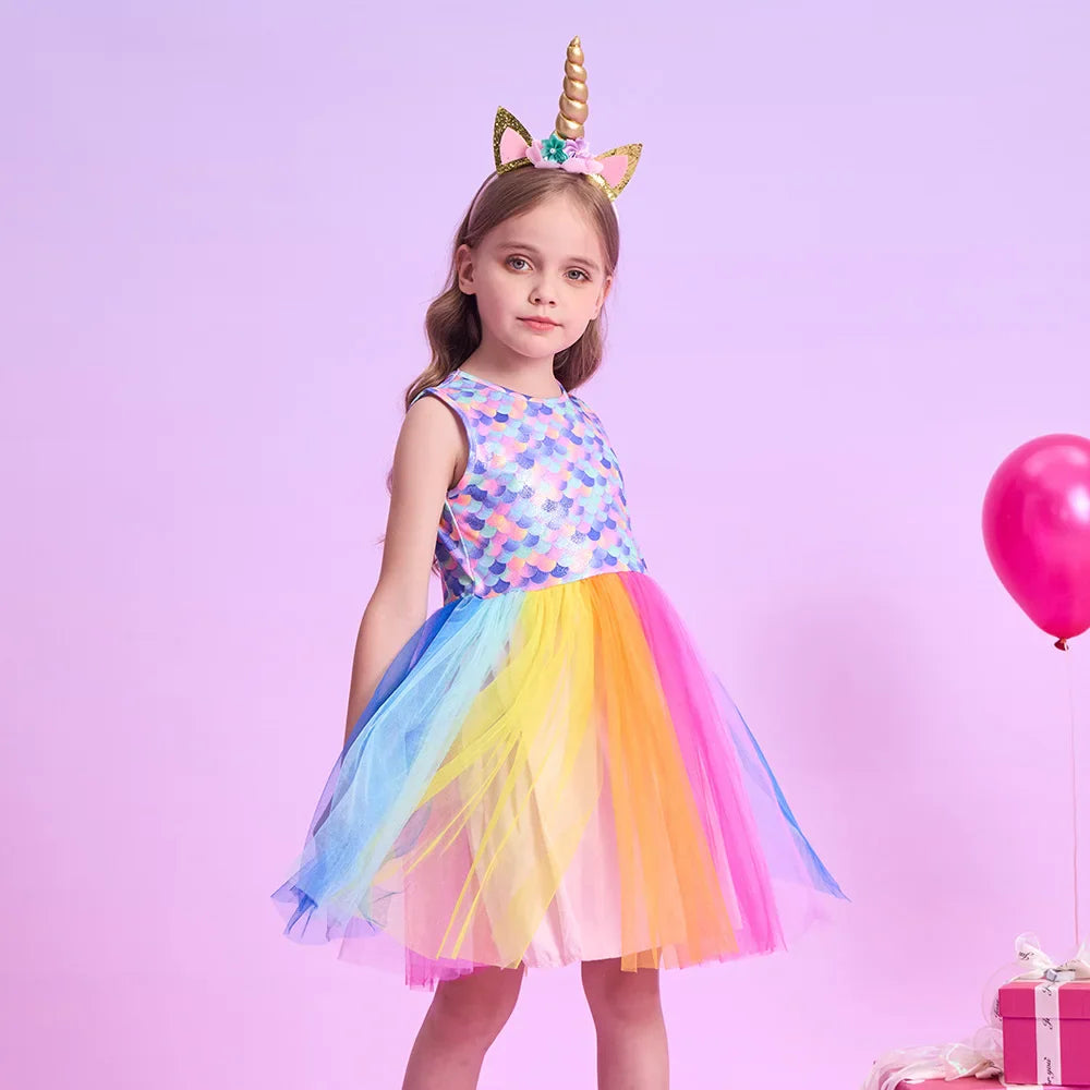 Girls Mermaid Print Rainbow Tulle Dress (Age 3-12YRS)