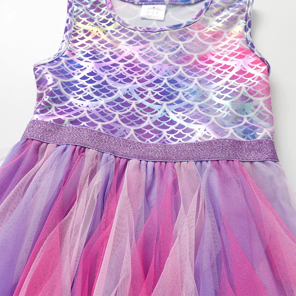 Girls Pink Mermaid Print Ruffle Tulle Dress (Age 3-12YRS)