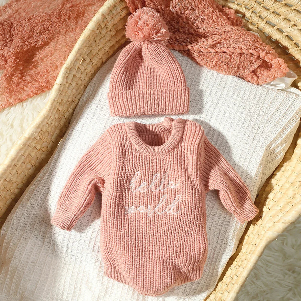 Baby Hello World Knitted Romper With Matching Hat (Age Newborn - 1 Month)