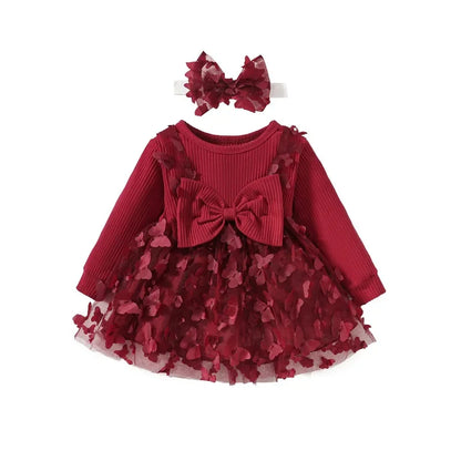 Baby Girls Burgundy Mesh Butterfly Dress (Age Newborn-24M)