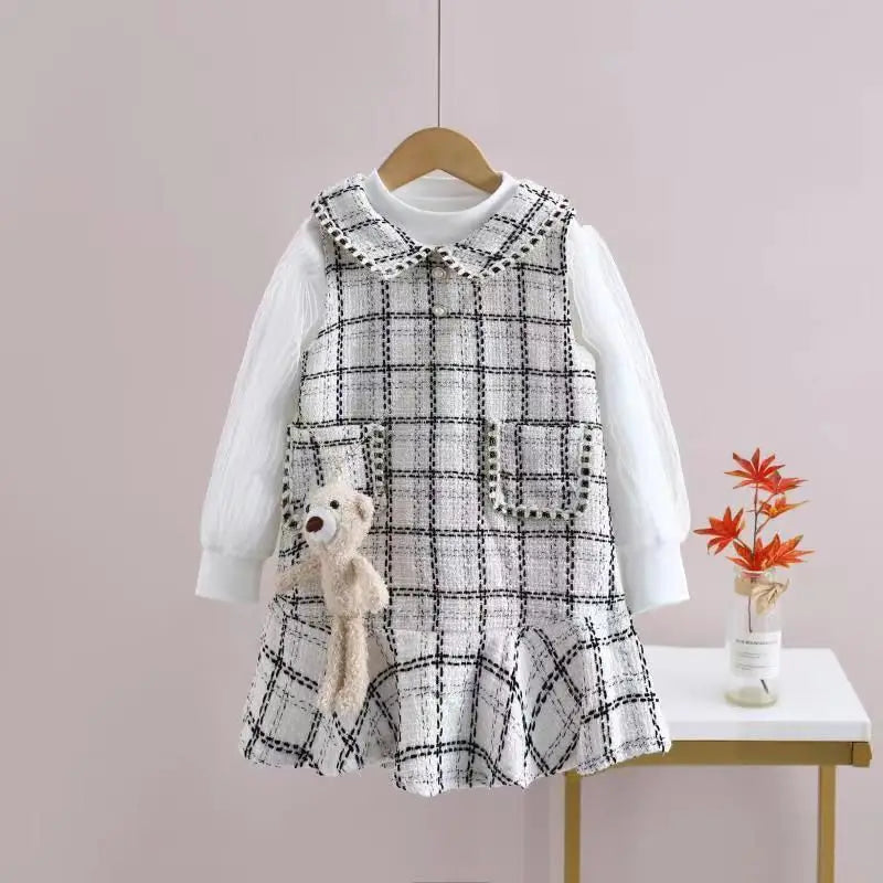 Girls Plaid Dress With Teddy Bear Handbag (Age 24M-6 YRS)