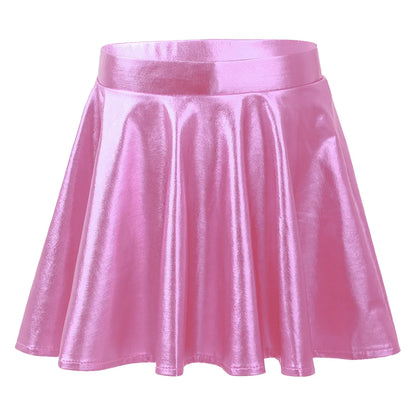 Girls Glossy Metallic Flared Pleated A-Line Miniskirt (Age 6-12 YRS)