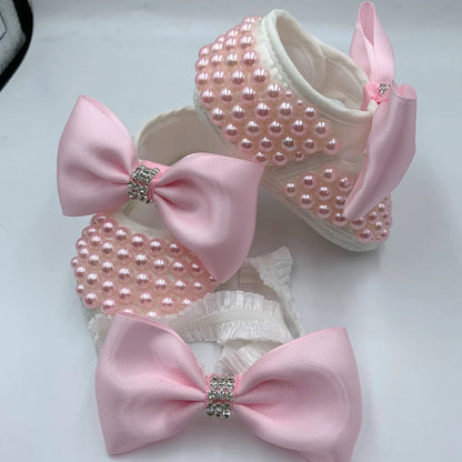 Baby Girls Pearl Embellished Shoes & Headband (Age Newborn - 6M)