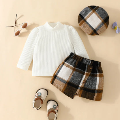 Baby/Toddler Girls Top & Houndtooth Skirt & Matching Beret Set (Age 6M-3YRS)