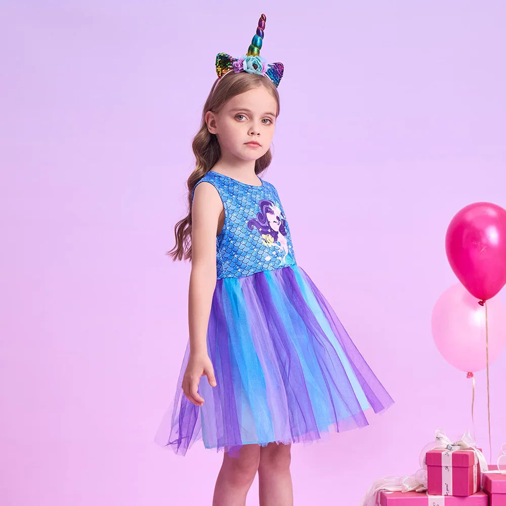 Girls Blue Mermaid Tulle Dress (Age 3-12YRS)