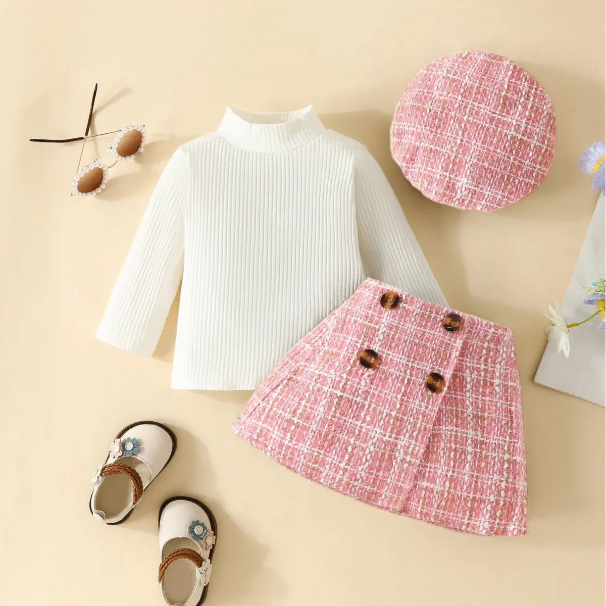 Baby/Toddler Girls Top & Houndtooth Skirt & Matching Beret Set (Age 6M-3YRS)