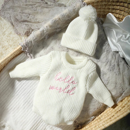 Baby Hello World Knitted Romper With Matching Hat (Age Newborn - 1 Month)