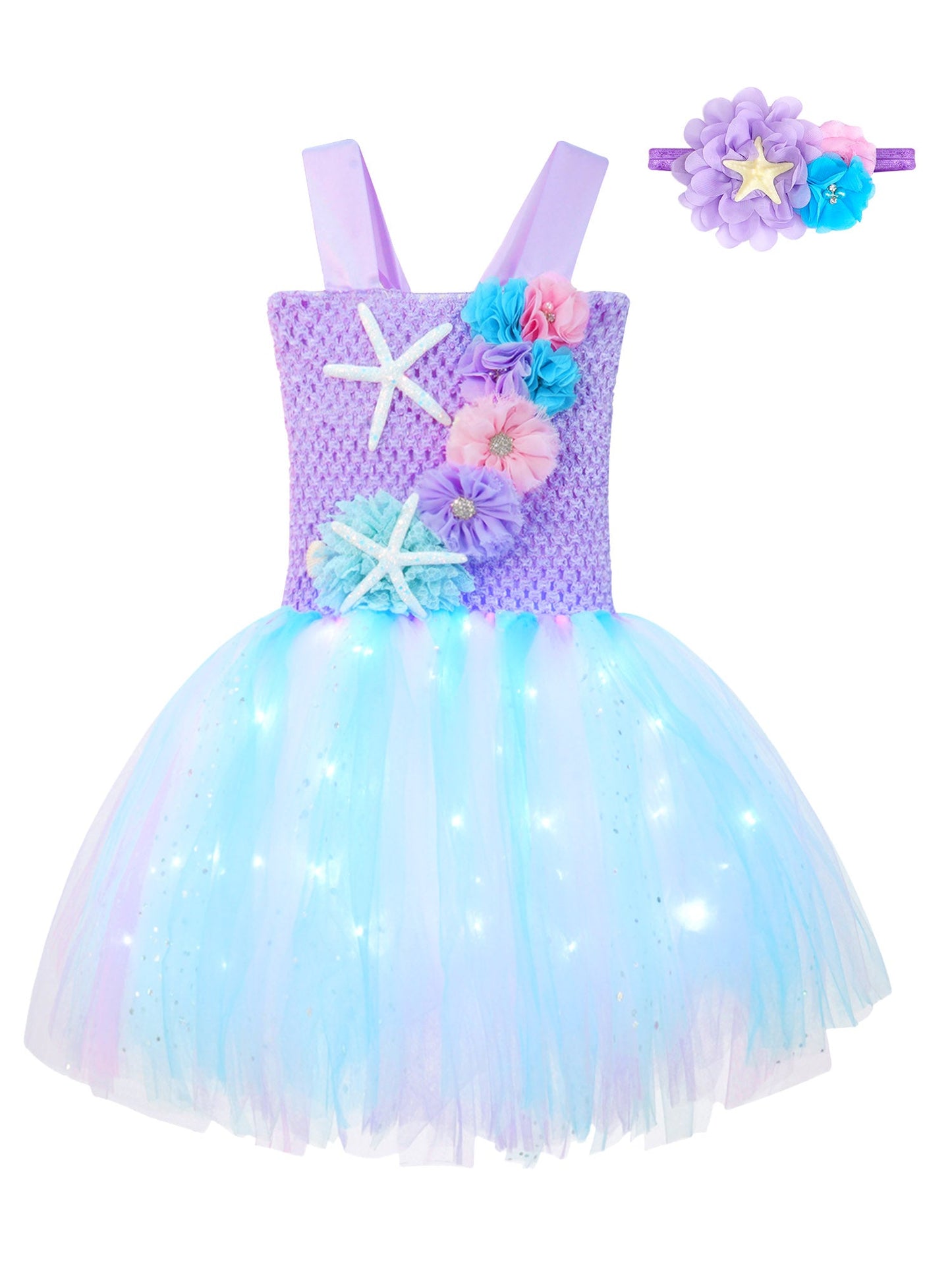 Girls Purple Princess Light Up Dress & Headband (Age 24M-10YRS)