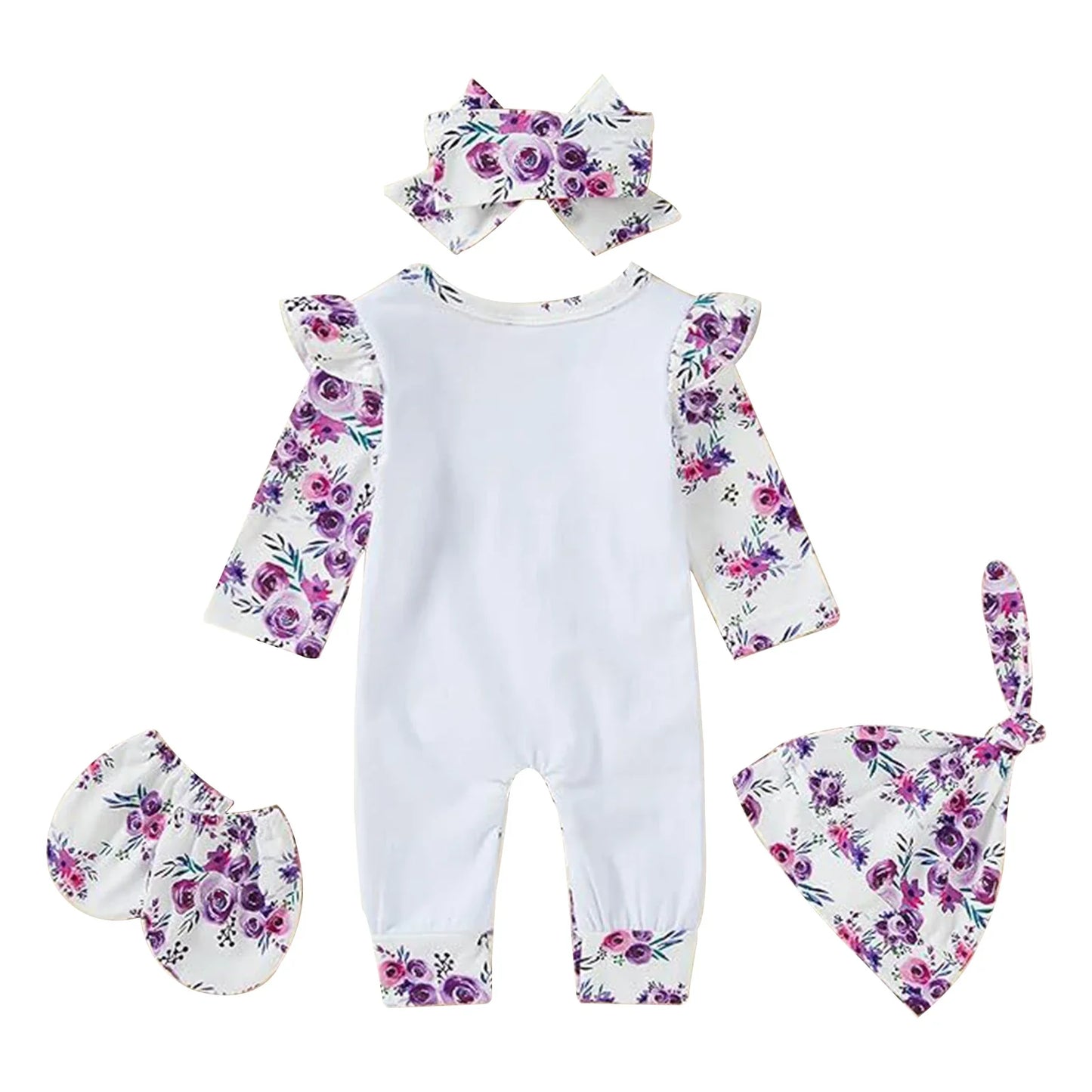 Baby Girls Floral Jumpsuit Hat & Mittens Set (Age Newborn-18M)