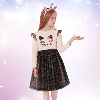 Girls Cat Leopard Print Tulle Dress (Age 3-8YRS)