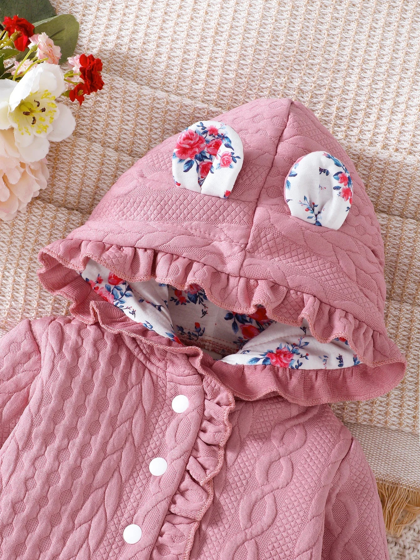 Baby Pink Long Sleeve Jacket Lace Hooded Ears Jacket (Age 6M-3YRS)