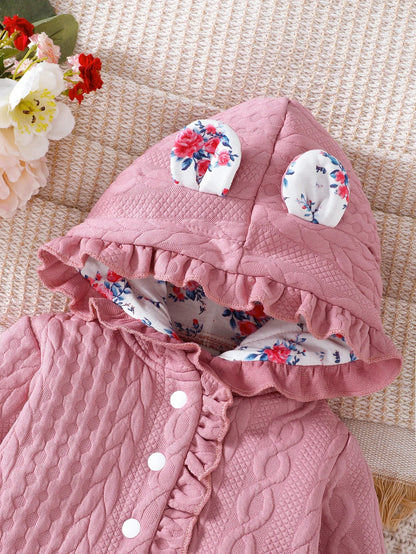 Baby Pink Long Sleeve Jacket Lace Hooded Ears Jacket (Age 6M-3YRS)