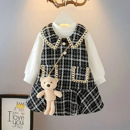 Girls Plaid Dress With Teddy Bear Handbag (Age 24M-6 YRS)