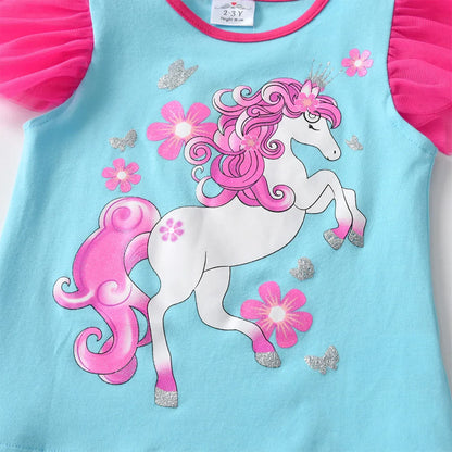 Girls Blue Unicorn Ruffle Sleeve T-Shirt (Age 3-12YRS)