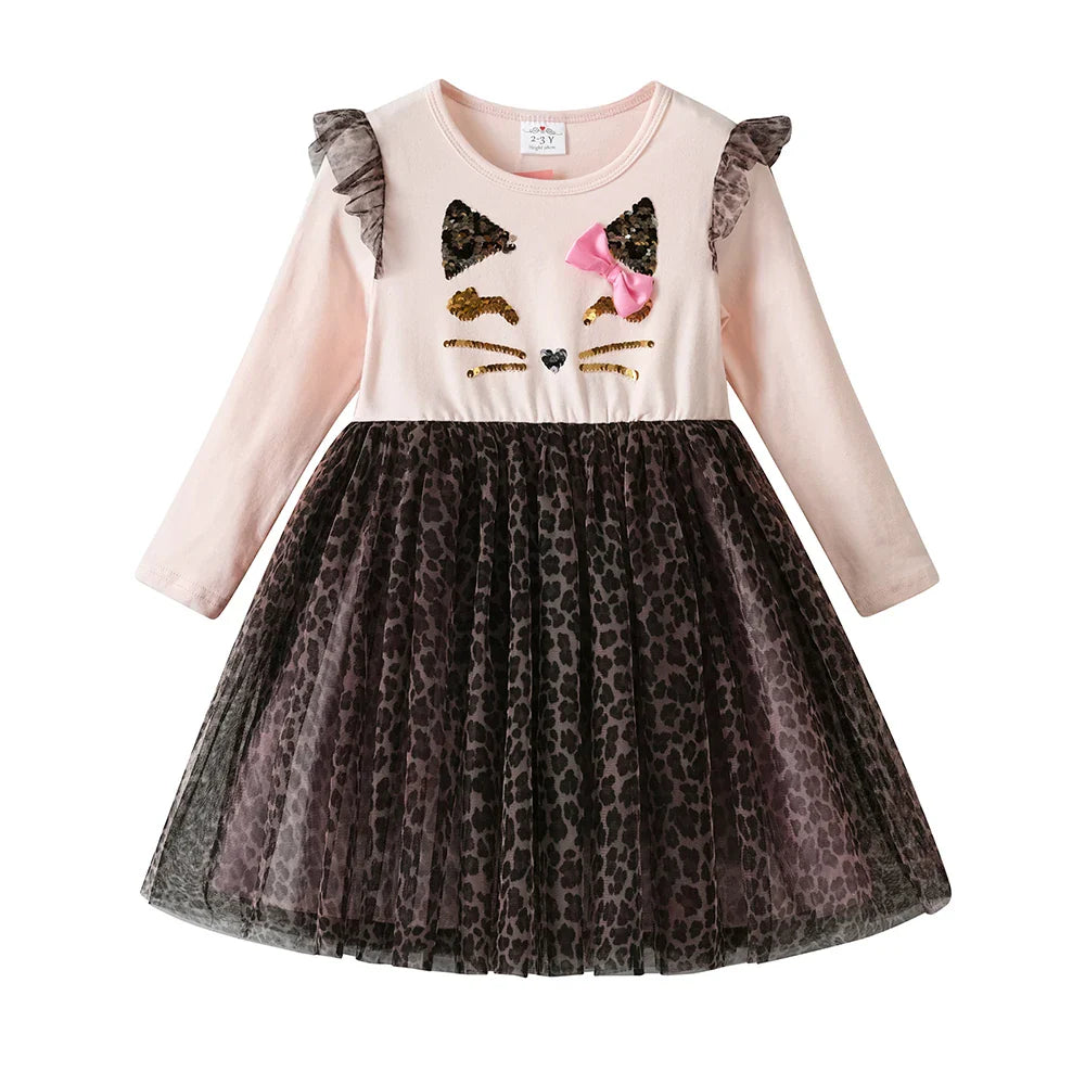 Girls Cat Leopard Print Tulle Dress (Age 3-8YRS)