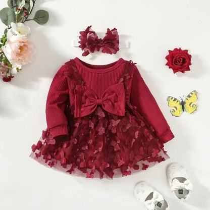 Baby Girls Burgundy Mesh Butterfly Dress (Age Newborn-24M)