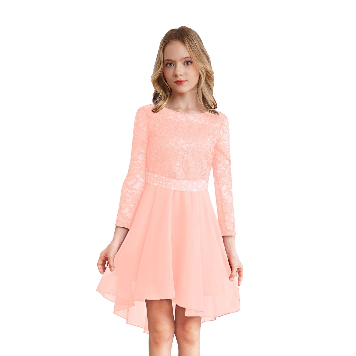 Girls Lace Chiffon Long Sleeve High-Rhinestone Sash Dress (Age 6-16 YRS)