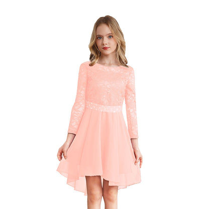 Girls Lace Chiffon Long Sleeve High-Rhinestone Sash Dress (Age 6-16 YRS)