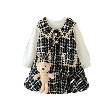 Girls Plaid Dress With Teddy Bear Handbag (Age 24M-6 YRS)