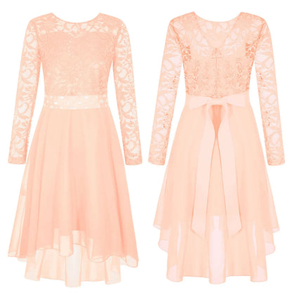 Girls Lace Chiffon Long Sleeve High-Rhinestone Sash Dress (Age 6-16 YRS)