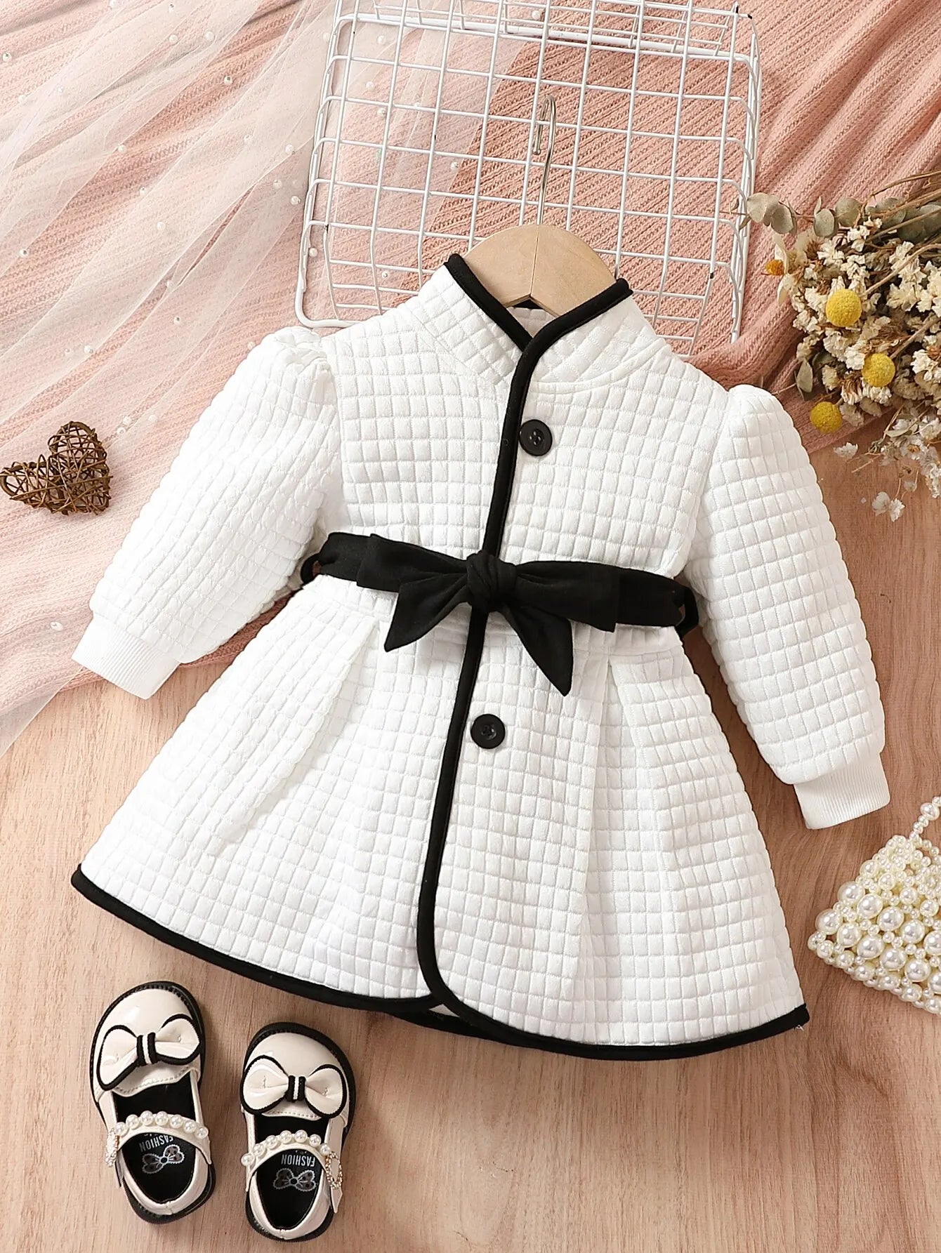 Baby Girls Black And White Belted Dress (Age 6M-3YRS)