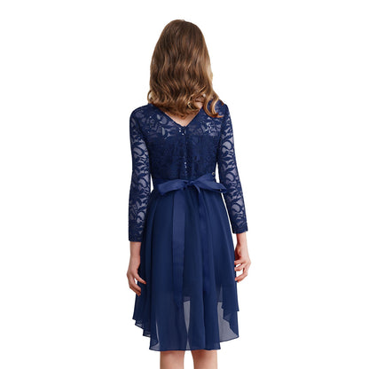 Girls Lace Chiffon Long Sleeve High-Rhinestone Sash Dress (Age 6-16 YRS)