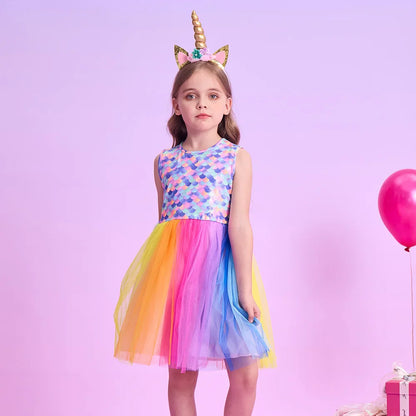 Girls Mermaid Print Rainbow Tulle Dress (Age 3-12YRS)