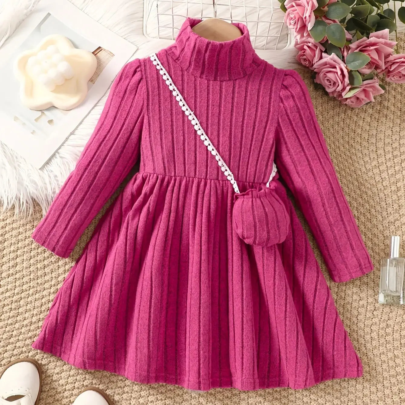 Girls Long Sleeve Pleated Dress & Handbag (Age 4-7 YRS)