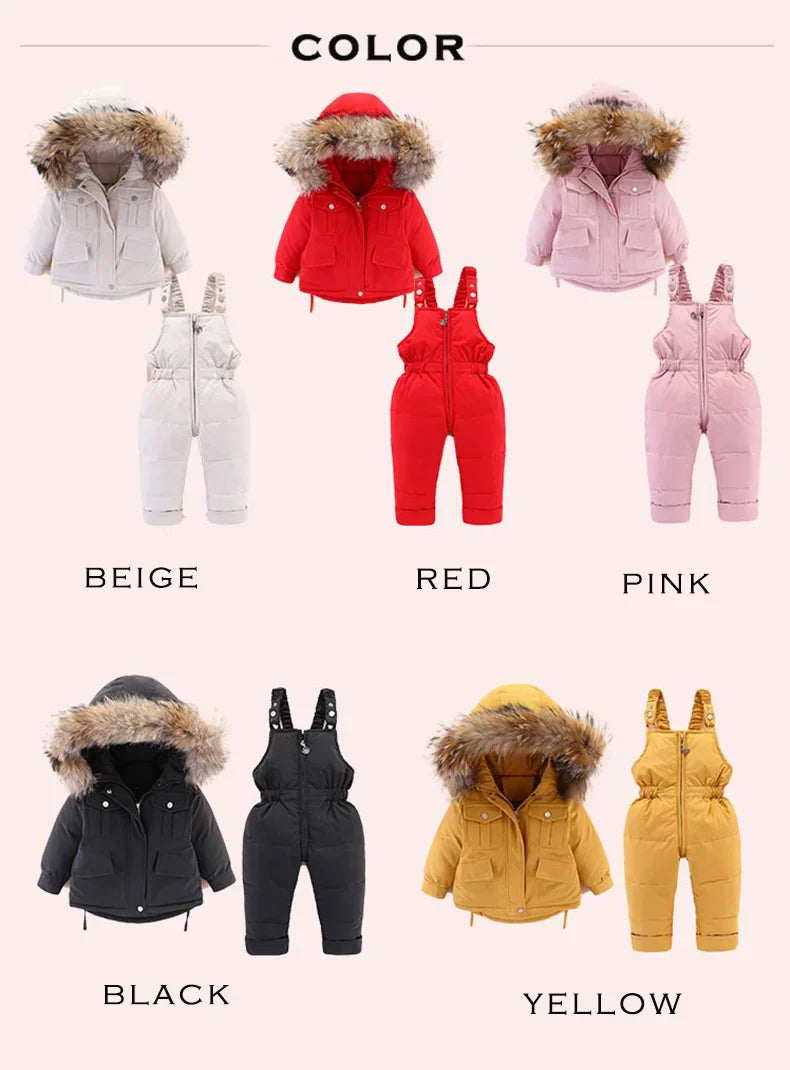 Girls/Boys Snow Winter Jumpsuit & Duck Down Fur Coat Set (Age 18M-5YRS)