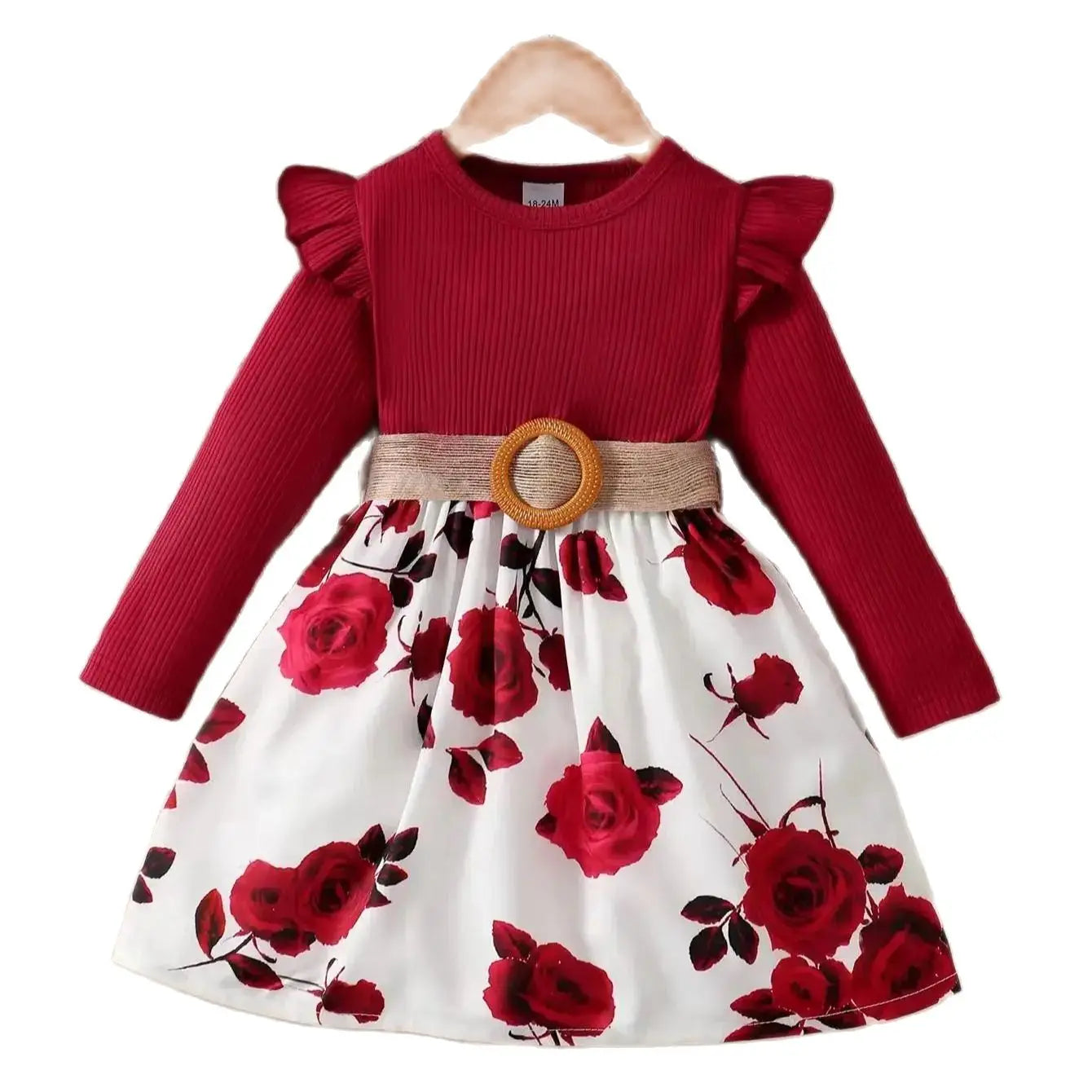 Girls Red Long Sleeve Flower Print Dress (Age 18M-7YRS)