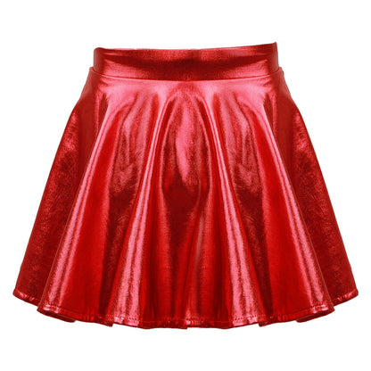 Girls Glossy Metallic Flared Pleated A-Line Miniskirt (Age 6-12 YRS)