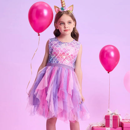 Girls Pink Mermaid Print Ruffle Tulle Dress (Age 3-12YRS)