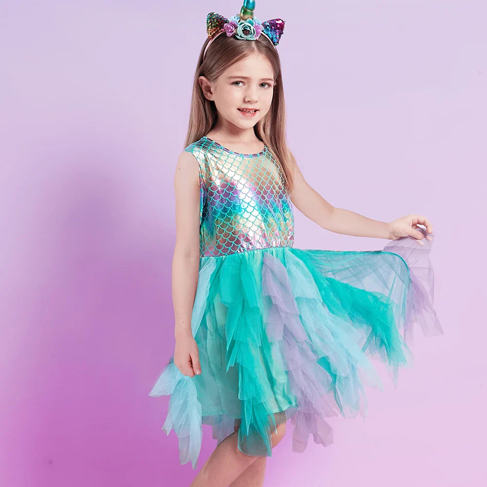 Girls Mermaid Ruffle Layered Dress (Age 3-12YRS)