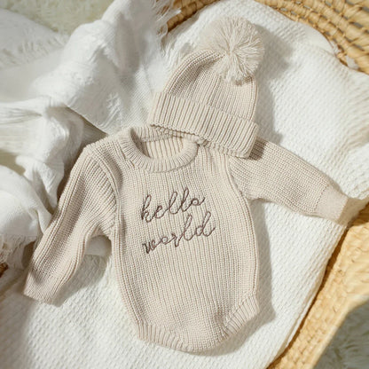 Baby Hello World Knitted Romper With Matching Hat (Age Newborn - 1 Month)