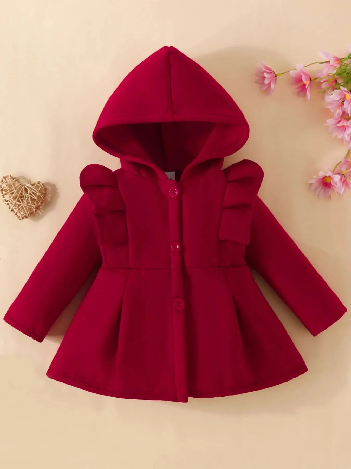 Baby Girl Burgundy Ruffled Single Breasted Coat (Age 3M-24M)