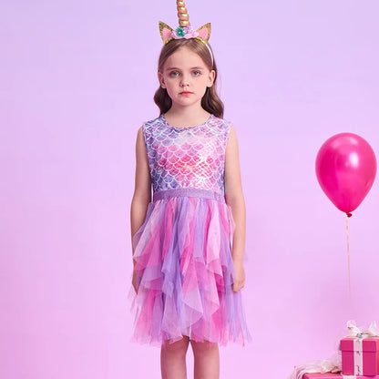 Girls Pink Mermaid Print Ruffle Tulle Dress (Age 3-12YRS)