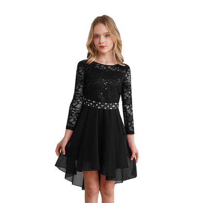 Girls Lace Chiffon Long Sleeve High-Rhinestone Sash Dress (Age 6-16 YRS)